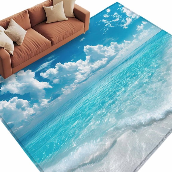 Area Rug 60×96in, Sea Wave Blue Sky White Clouds Floor Carpet Living Room Rug, Summer Beach Theme Non-Slip Welcome Mat Indoor Rugs for Bedroom Dining Room