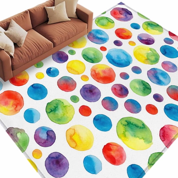 Area Rug 60×96in, Seamless Colorful Polka Dots Floor Carpet Living Room Rug, Watercolor Circle on White Non-Slip Welcome Mat Indoor Rugs for Bedroom Dining Room