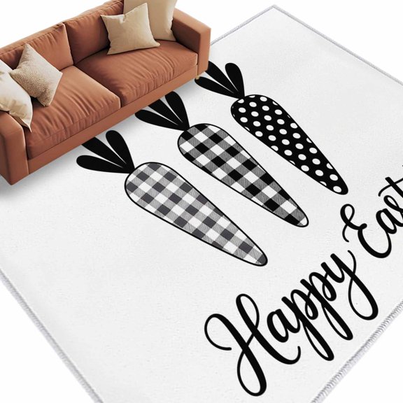 Area Rug 60×96in, Spring Black White Buffalo Checkered Carrot Floor Carpet Living Room Rug, Happ Easter Non-Slip Welcome Mat Indoor Rugs for Bedroom Dining Room