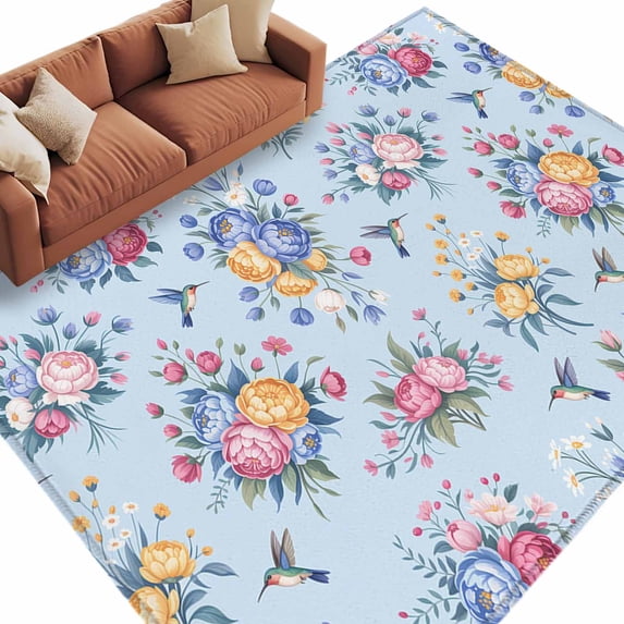 Area Rug 60×96in, Spring Blue Flower Leaves Bird Floor Carpet Living Room Rug, Watercolor Floral Leaf Animal Non-Slip Welcome Mat Indoor Rugs for Bedroom Dining Room
