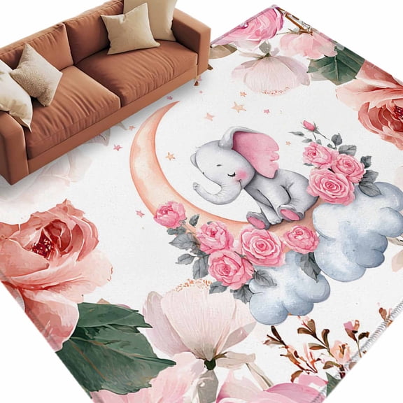 Area Rug 60×96in, Spring Country Flowers Floor Carpet Living Room Rug, Moon Elephants Stars Clouds Non-Slip Welcome Mat Indoor Rugs for Bedroom Dining Room