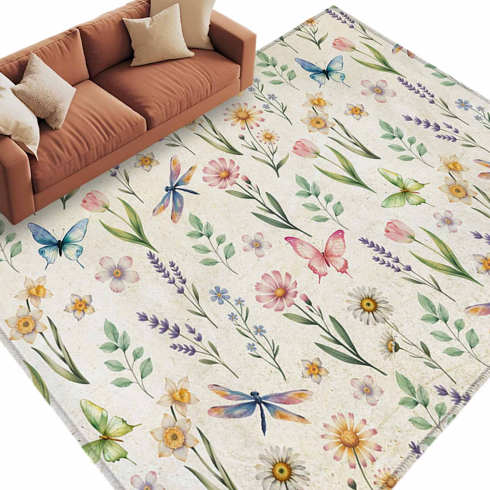 Area Rug 60×96in, Spring Daisy Flower Lavender Leaf Floor Carpet Living ...