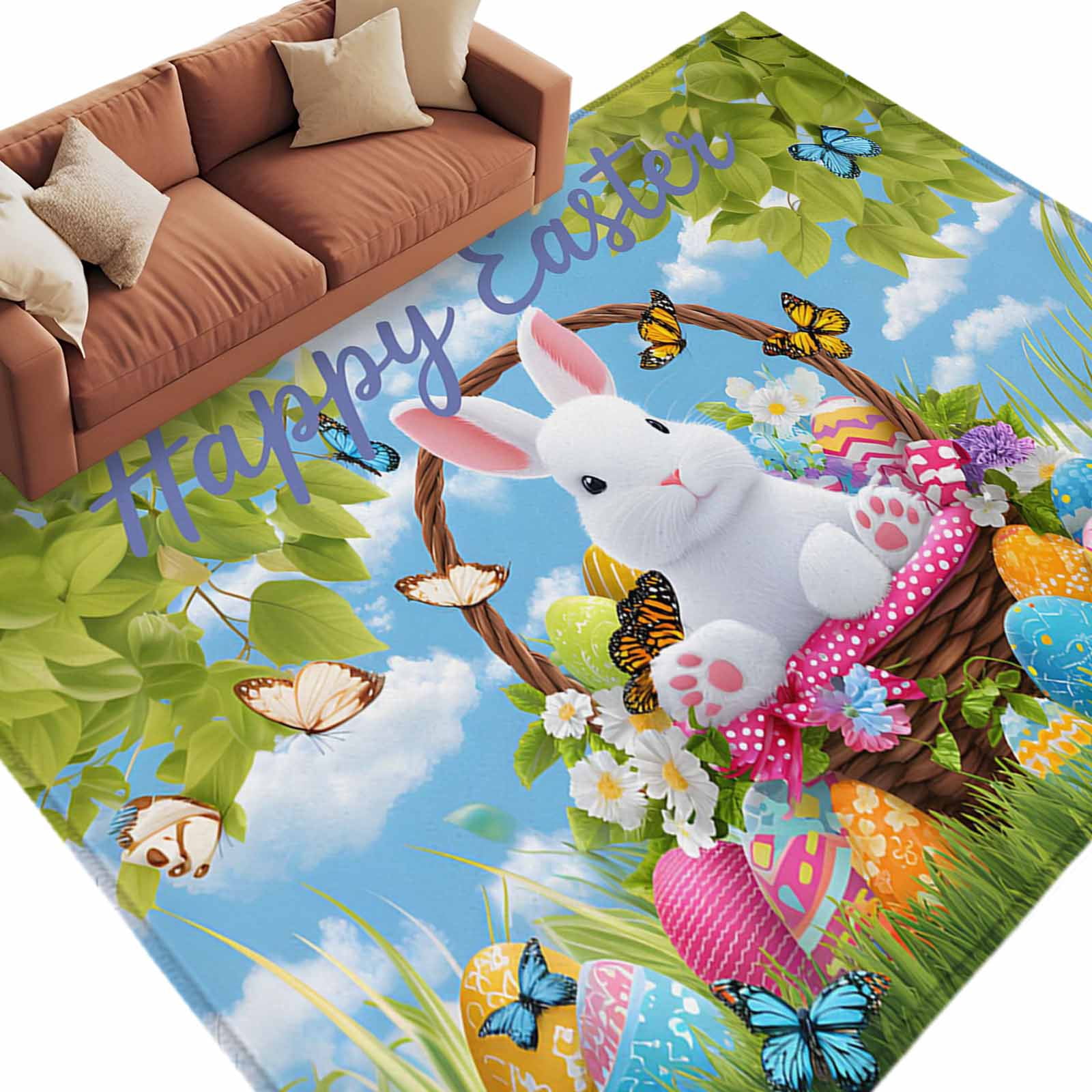 Area Rug 60×96in, Spring Easter Bunny Eggs Floor Carpet Living Room Rug ...