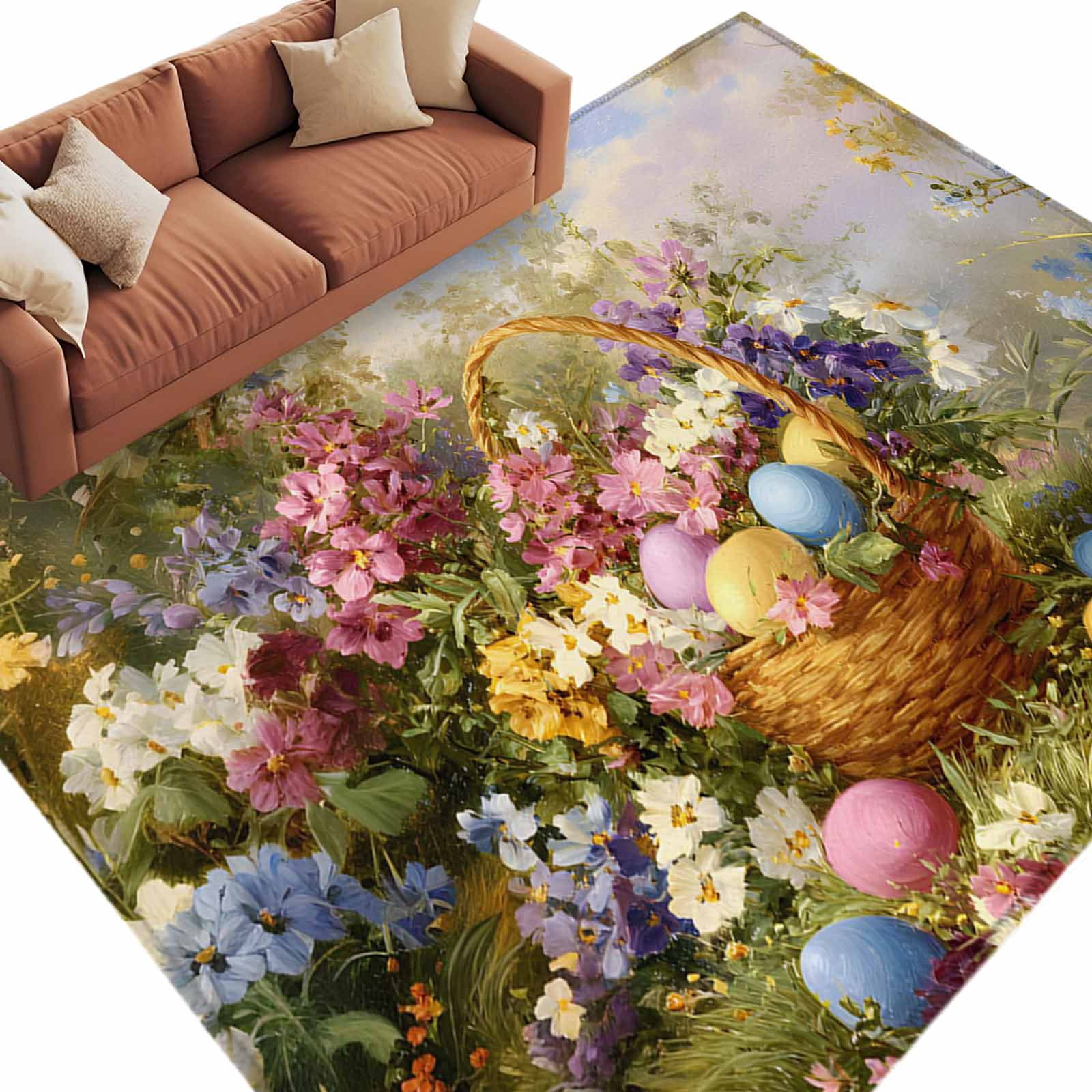 Easter Rug Design Area Rug 60×96in, Spring Easter Flowers Eggs Floor Carpet Living Room ...