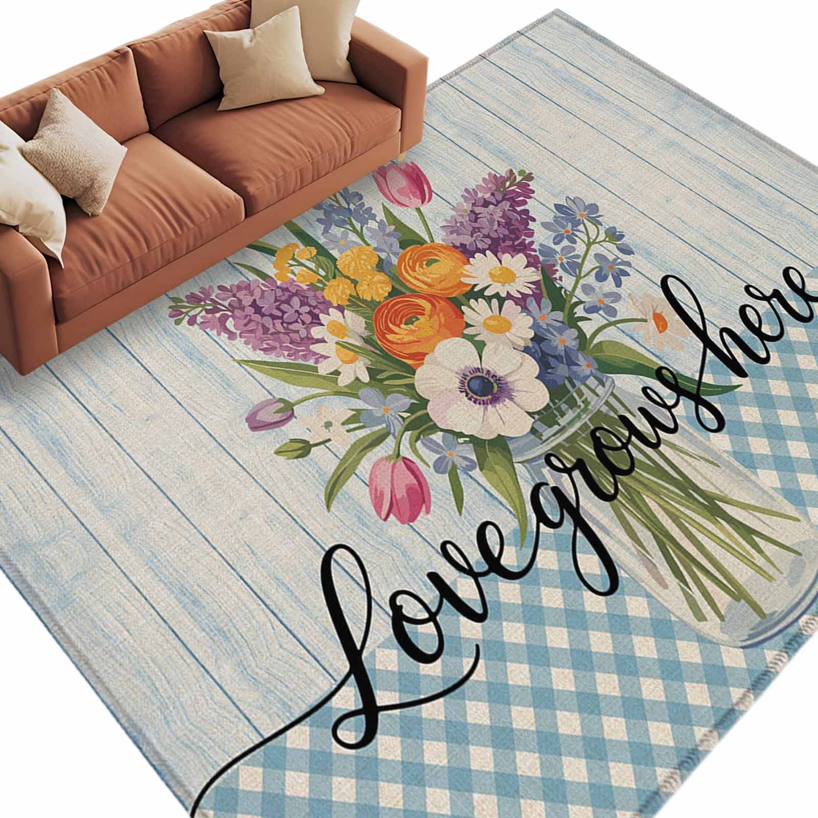 Area Rug 60×96in, Spring Floral Vase Lattice Retro Wood Grain Floor ...