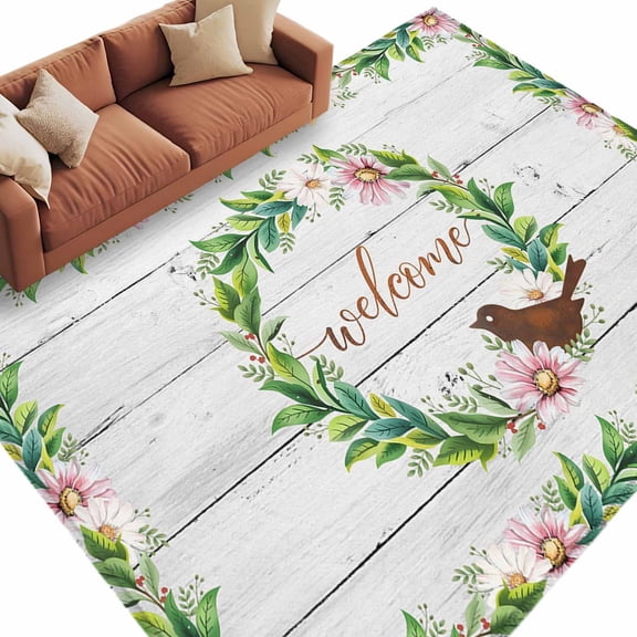 Area Rug 60×96in, Spring Flower Wreath Welcome Quote Floor Carpet Living Room Rug, Retro Farmhouse Plank Non-Slip Welcome Mat Indoor Rugs for Bedroom Dining Room