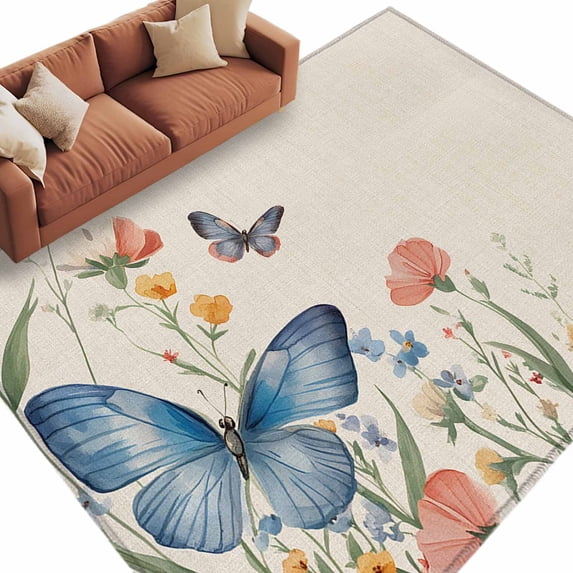 Spring Floral Rugs Area Rug 60×96in, Spring Flowers Butterfly on Linen Floor Carpet Living ...