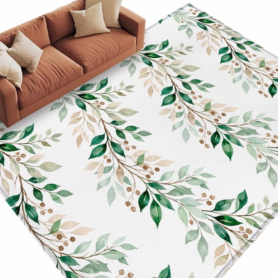 Area Rug 60×96in, Spring Leaves Tree Branch Berry Floor Carpet Living Room Rug, Watercolor Plant on White Non-Slip Welcome Mat Indoor Rugs for Bedroom Dining Room