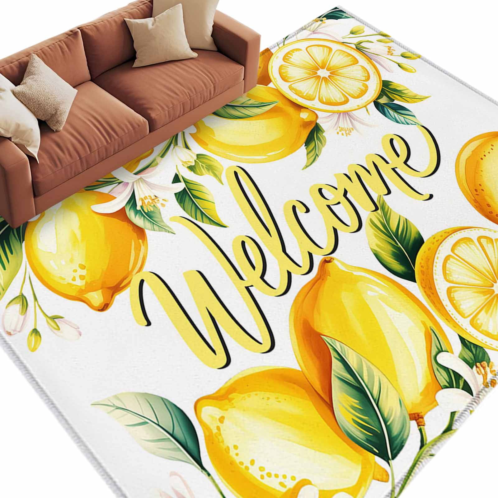 Simple Lemon Rug Area Rug 60×96in, Spring Lemon Fruit Flower Leaves Floor Carpet Living ...