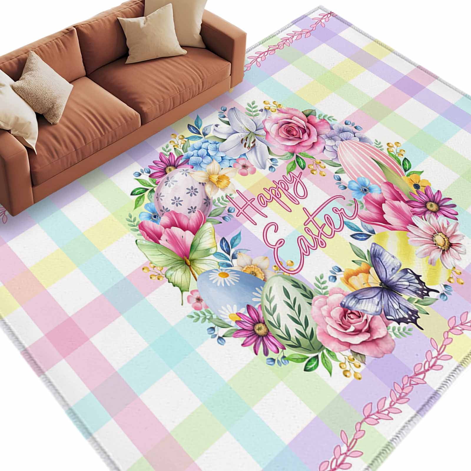 Area Rug 60×96in, Spring Pastoral Flower Colorful Stripe Floor Carpet ...
