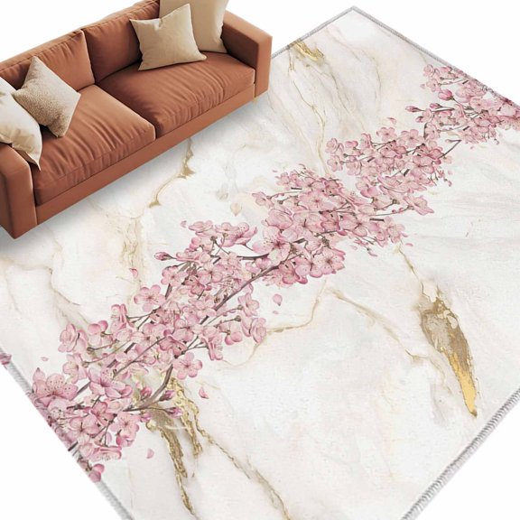 Area Rug 60×96in, Spring Pink Cherry Blossoms Floor Carpet Living Room Rug, Abstract Marble Textures Non-Slip Welcome Mat Indoor Rugs for Bedroom Dining Room