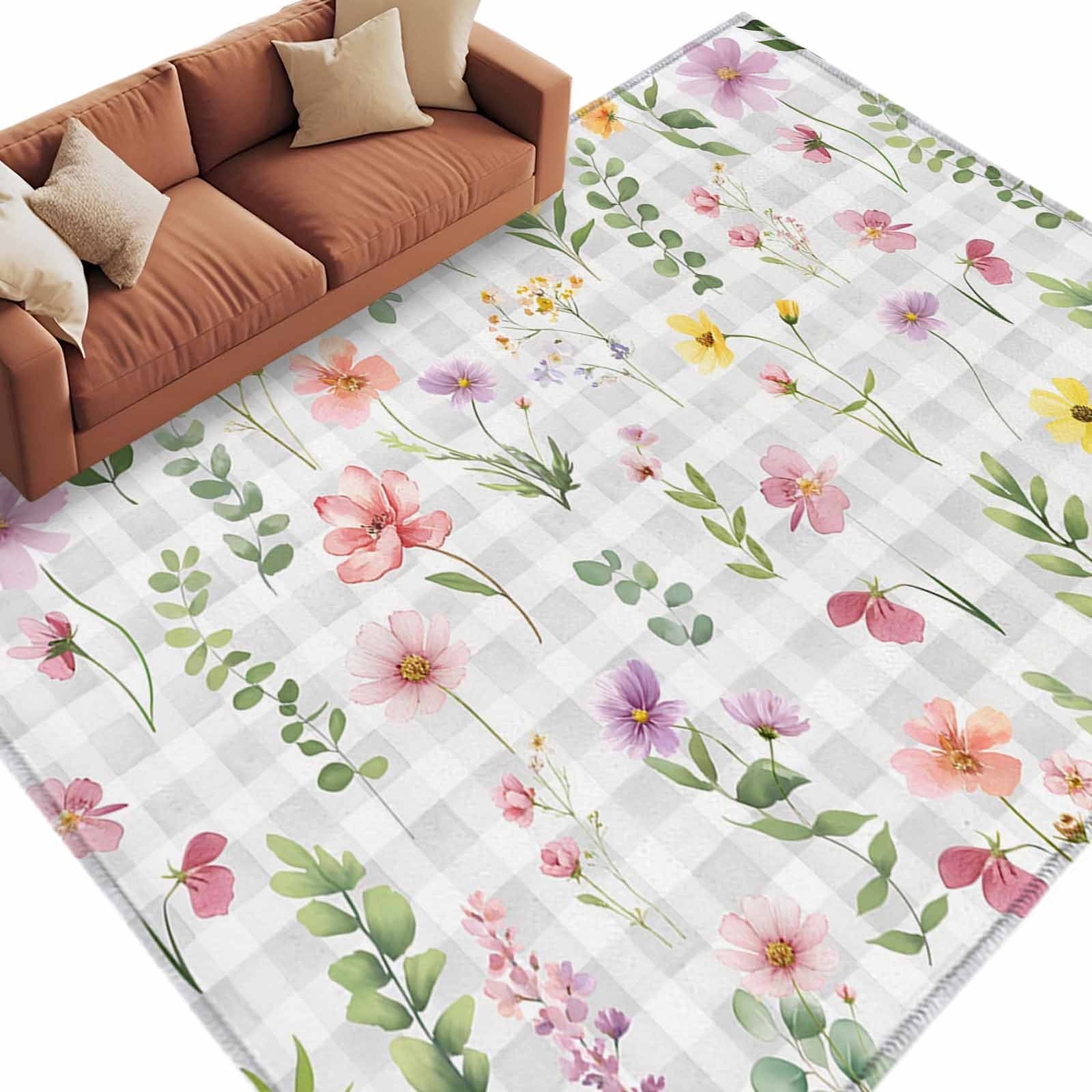 Area Rug 60×96in, Spring Pink Yellow Purple Flowers Floor Carpet Living ...