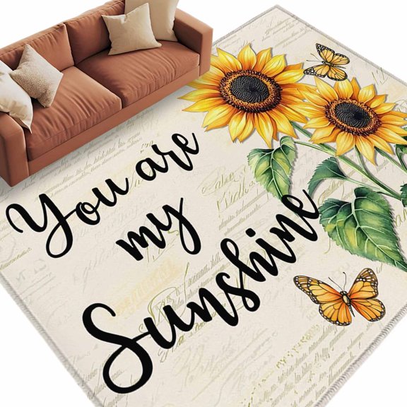 Area Rug 60×96in, Spring Rustic Sunflower Butterfly Floor Carpet Living Room Rug, Sunshine Text on Retro Letter Non-Slip Welcome Mat Indoor Rugs for Bedroom Dining Room