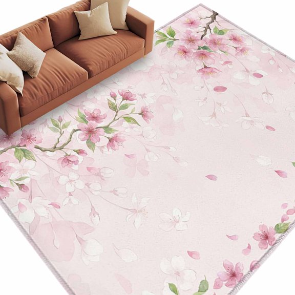 Area Rug 60×96in, Spring Summer Pink Cherry Blossoms Branches Floor Carpet Living Room Rug, Green Leaves Non-Slip Welcome Mat Indoor Rugs for Bedroom Dining Room