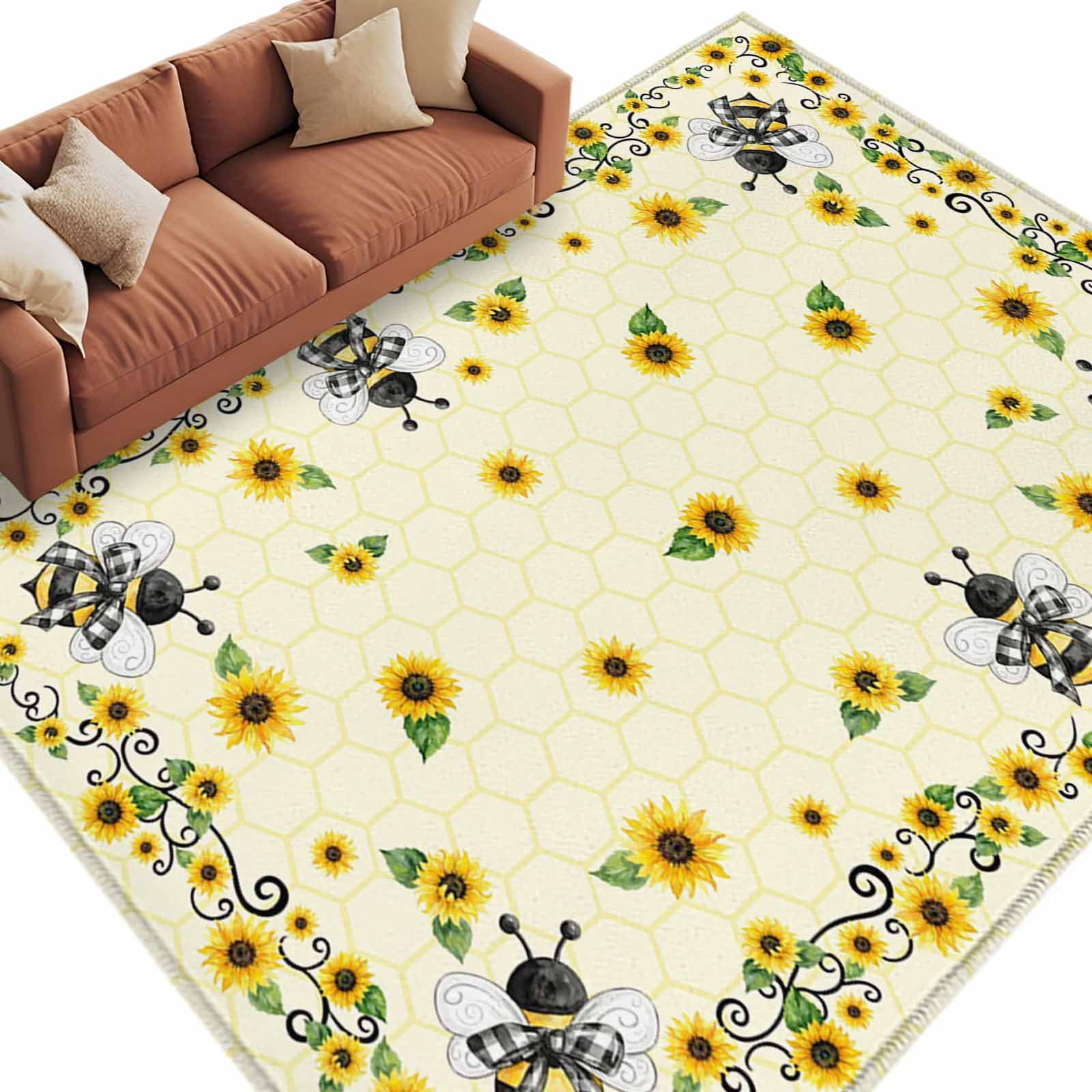 Bee Yellow Rug Area Rug 60×96in, Spring Sunflower Bee Floor Carpet Living Room Rug ...