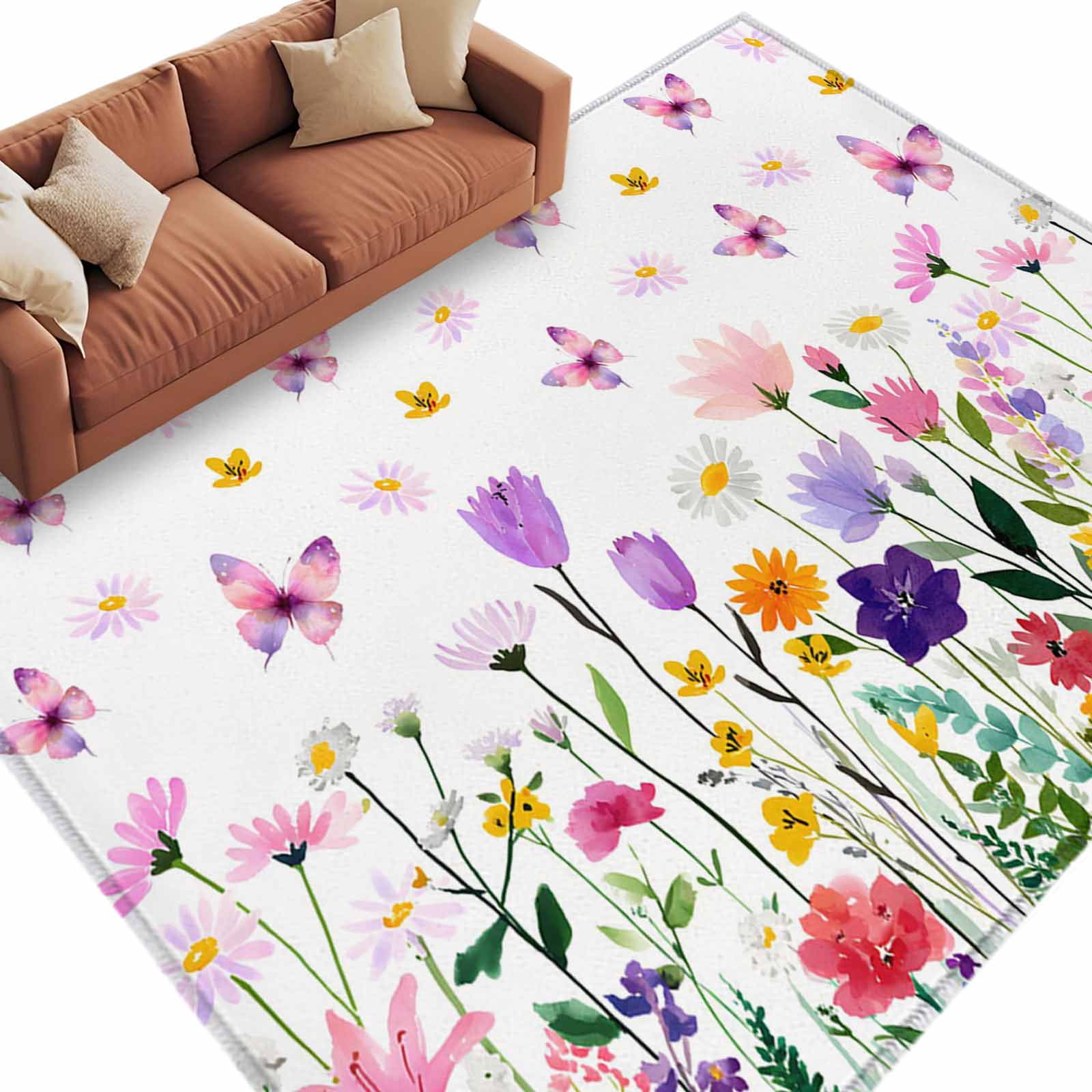 Area Rug 60×96in, Spring Watercolor Flower Butterfly Floor Carpet ...