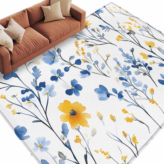 Area Rug 60×96in, Spring Watercolor Flower Wildflowers Floor Carpet Living Room Rug, Country Blossom Floral Seamless Non-Slip Welcome Mat Indoor Rugs for Bedroom Dining Room