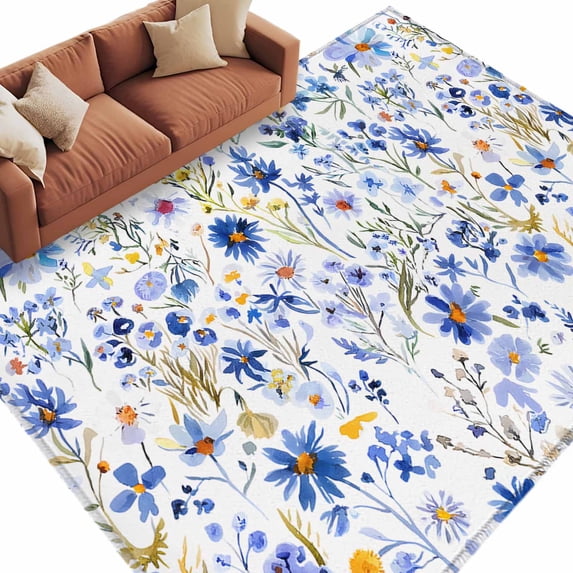 Area Rug 60×96in, Spring Watercolor Wild Flower Floor Carpet Living Room Rug, Pastoral Floral Plant on White Non-Slip Welcome Mat Indoor Rugs for Bedroom Dining Room