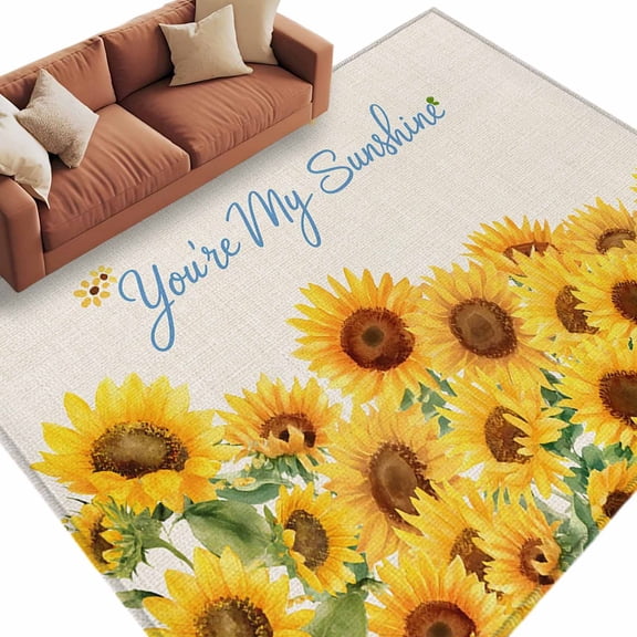 Area Rug 60×96in, Spring Yellow Sunflower Retro Linen Floor Carpet Living Room Rug, You're My Sunshine Text Non-Slip Welcome Mat Indoor Rugs for Bedroom Dining Room