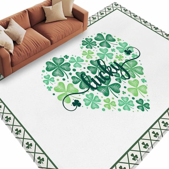Area Rug 60×96in, St Patrick Day Green Irish Leaf Clovers Floor Carpet Living Room Rug, Checker and Shamrock on White Non-Slip Welcome Mat Indoor Rugs for Bedroom Dining Room