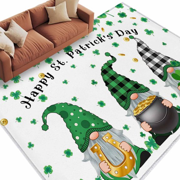 Area Rug 60×96in, St.Patrick Dwarfs and Clovers Leaf Floor Carpet Living Room Rug, Green Lucky Shamrock Coin Non-Slip Welcome Mat Indoor Rugs for Bedroom Dining Room