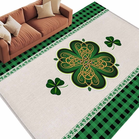 Area Rug 60×96in, St. Patrick's Day Celtic Knot Lucky Clovers Floor Carpet Living Room Rug, Green Black Buffalo Plaid Non-Slip Welcome Mat Indoor Rugs for Bedroom Dining Room