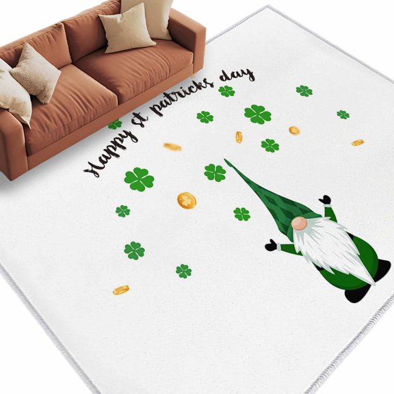 Area Rug 60×96in, St. Patrick's Day Gnomes Clovers Floor Carpet Living Room Rug, Ireland Gold Coin Non-Slip Welcome Mat Indoor Rugs for Bedroom Dining Room