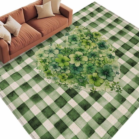 Area Rug 60×96in, St. Patrick's Day Heart Shaped Clovers Floor Carpet Living Room Rug, Watercolor Green Check on Linen Non-Slip Welcome Mat Indoor Rugs for Bedroom Dining Room