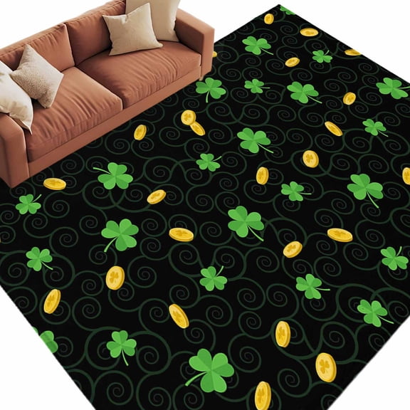 Area Rug 60×96in, St. Patrick's Day Three-leaf Floor Carpet Living Room Rug, Gold Coin Non-Slip Welcome Mat Indoor Rugs for Bedroom Dining Room