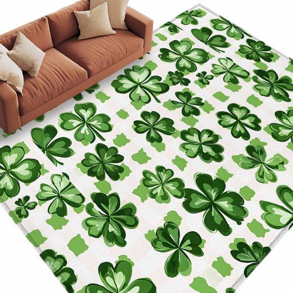 Area Rug 60×96in, St. Patrick's Day Watercolor Green Luck Leaf Floor Carpet Living Room Rug, White Background Non-Slip Welcome Mat Indoor Rugs for Bedroom Dining Room