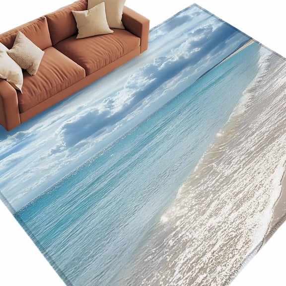 Area Rug 60×96in, Summer Beach Seaside Sky Cloud Floor Carpet Living Room Rug, Ocean Natural Scenery Non-Slip Welcome Mat Indoor Rugs for Bedroom Dining Room