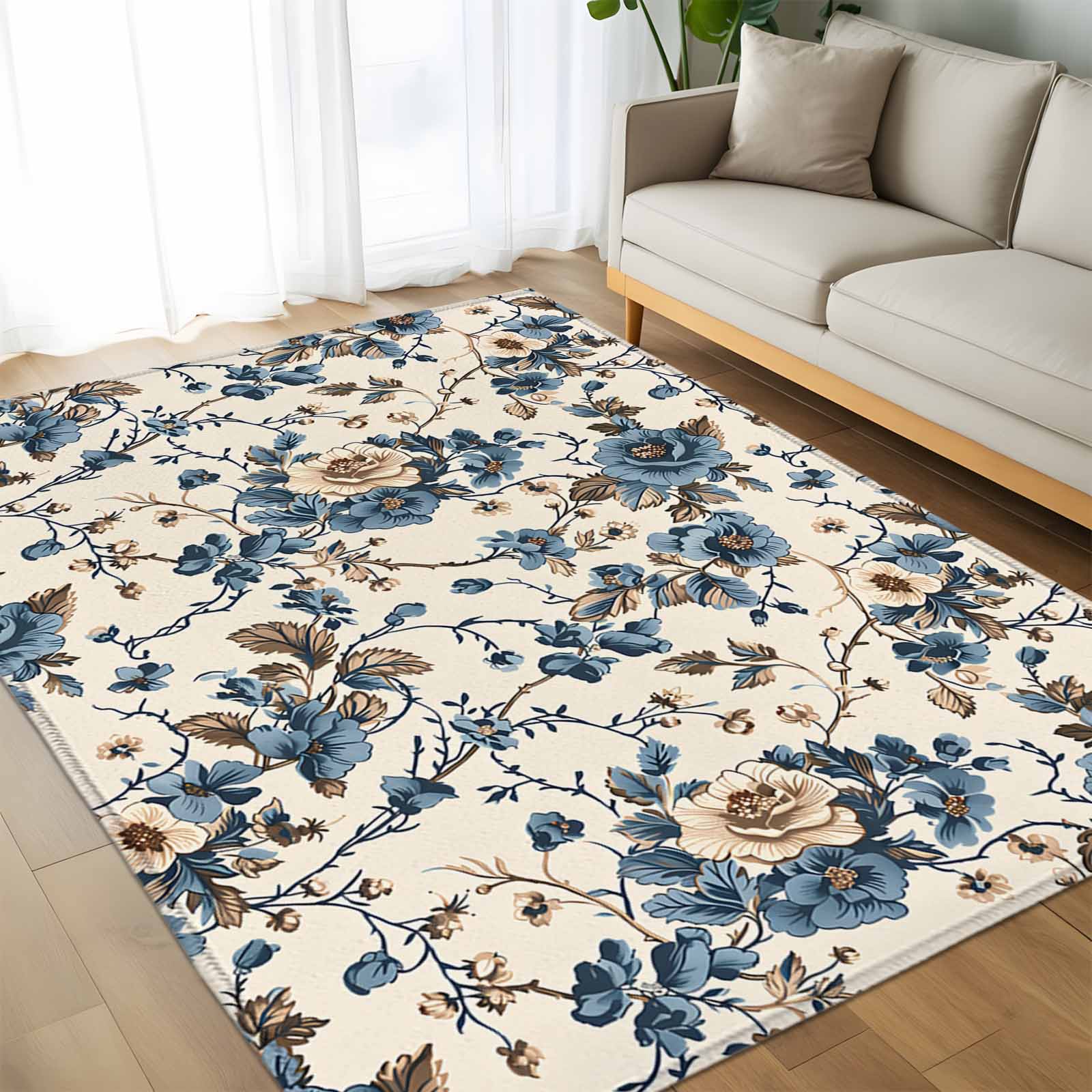 Area Rug 60×96in, Summer Flower Leaves Rattan Floor Carpet Living Room ...