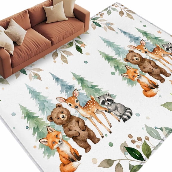 Area Rug 60×96in, Summer Forests Bear Fox Floor Carpet Living Room Rug, Star Pine Tree Leaves Non-Slip Welcome Mat Indoor Rugs for Bedroom Dining Room