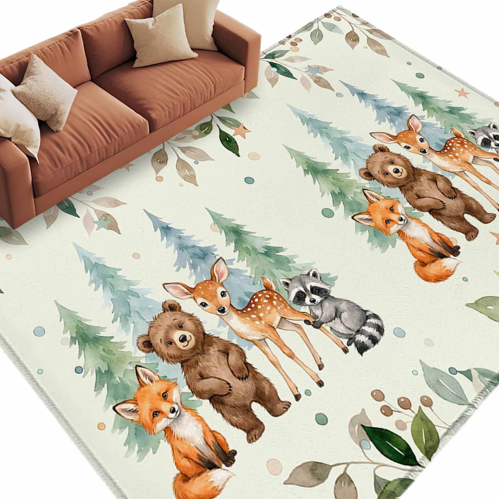Area Rug 60×96in, Summer Forests Bear Fox Raccoon Floor Carpet Living ...