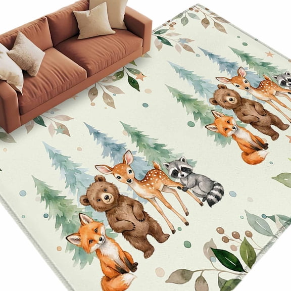 Area Rug 60×96in, Summer Forests Bear Fox Raccoon Floor Carpet Living Room Rug, Pine Tree Leaves on Green Non-Slip Welcome Mat Indoor Rugs for Bedroom Dining Room