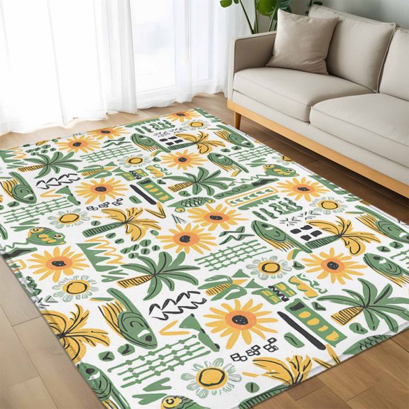 Area Rug 60×96in, Summer Green Tree Sunflower Fish Floor Carpet Living Room Rug, Beach Tropical Plant Non-Slip Welcome Mat Indoor Rugs for Bedroom Dining Room