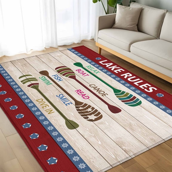 Area Rug 60×96in, Summer Lake Rules Paddle Floor Carpet Living Room Rug, Farm Wood Grain Red Maroon Non-Slip Welcome Mat Indoor Rugs for Bedroom Dining Room