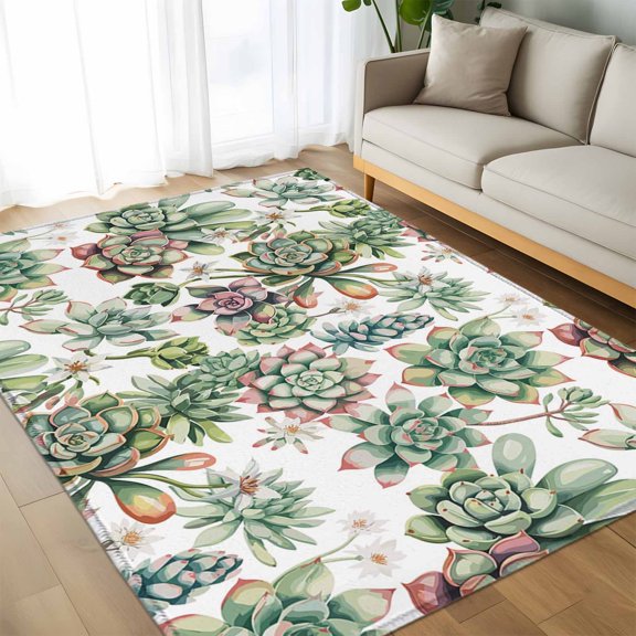 Area Rug 60×96in, Summer Multi-meat Plants Floor Carpet Living Room Rug, Watercolor Botanical Non-Slip Welcome Mat Indoor Rugs for Bedroom Dining Room