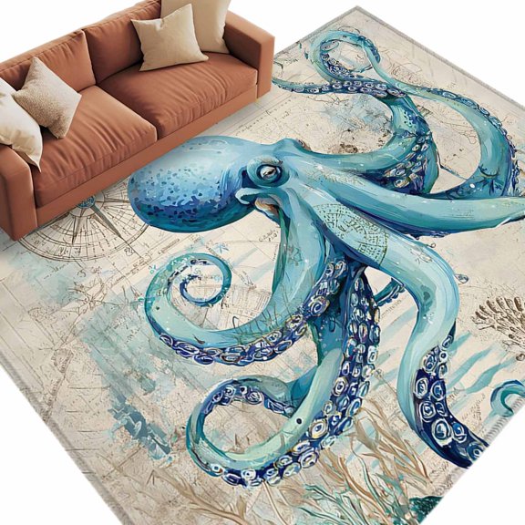 Area Rug 60×96in, Summer Oceans Occurs Sea Stars Floor Carpet Living Room Rug, Retro Marine Life Non-Slip Welcome Mat Indoor Rugs for Bedroom Dining Room
