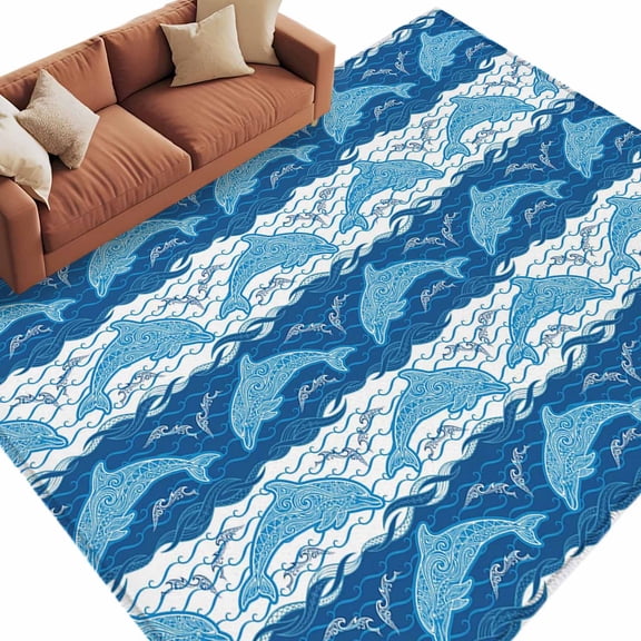 Area Rug 60×96in, Summer Sea Dolphins Floor Carpet Living Room Rug, Blue White Waves Non-Slip Welcome Mat Indoor Rugs for Bedroom Dining Room