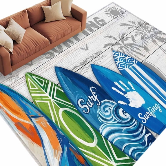 Area Rug 60×96in, Summer Surfing Tropical Surfboard Palm Tree Floor Carpet Living Room Rug, Wood Board Non-Slip Welcome Mat Indoor Rugs for Bedroom Dining Room