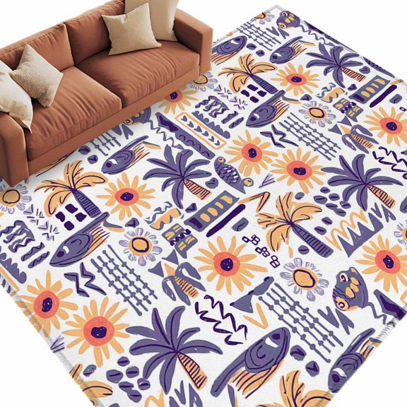 Area Rug 60×96in, Summer Tropical Tree Sunflower Fish Floor Carpet Living Room Rug, Seaside Beach Non-Slip Welcome Mat Indoor Rugs for Bedroom Dining Room