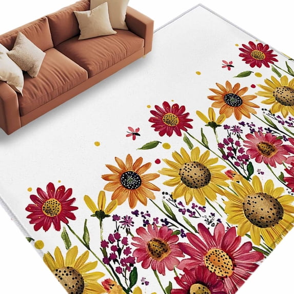 Area Rug 60×96in, Summer Yellow Red Chrysanthemum Floor Carpet Living Room Rug, Watercolor Pastoral Floral Non-Slip Welcome Mat Indoor Rugs for Bedroom Dining Room