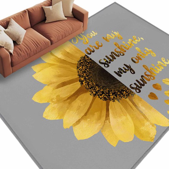 Area Rug 60×96in, Sunflower on Grey Floor Carpet Living Room Rug, Yellow Word Art Quotes Non-Slip Welcome Mat Indoor Rugs for Bedroom Dining Room