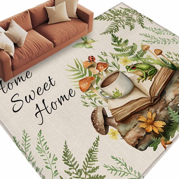 Area Rug 60×96in, Sweet Home Frog Floor Carpet Living Room Rug, Mushroom Coffee Book on Retro Linen Non-Slip Welcome Mat Indoor Rugs for Bedroom Dining Room