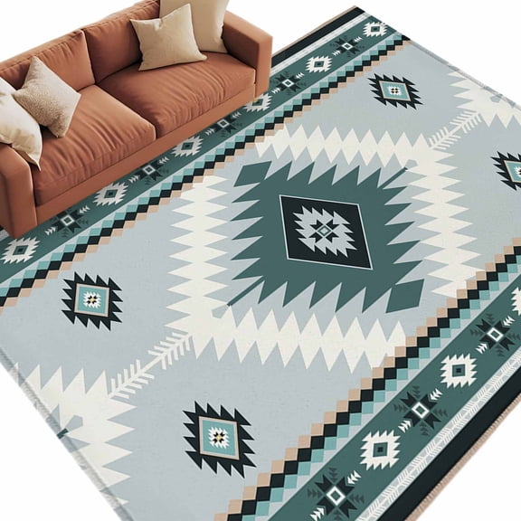 Area Rug 60×96in, Teal Aztec Tribal Style Floor Carpet Living Room Rug, Ethnic Southwest Native Pattern Non-Slip Welcome Mat Indoor Rugs for Bedroom Dining Room