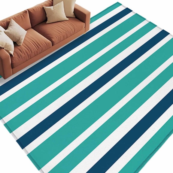 Area Rug 60×96in, Teal White Blue Stripes Floor Carpet Living Room Rug, Nautical Army Style Non-Slip Welcome Mat Indoor Rugs for Bedroom Dining Room