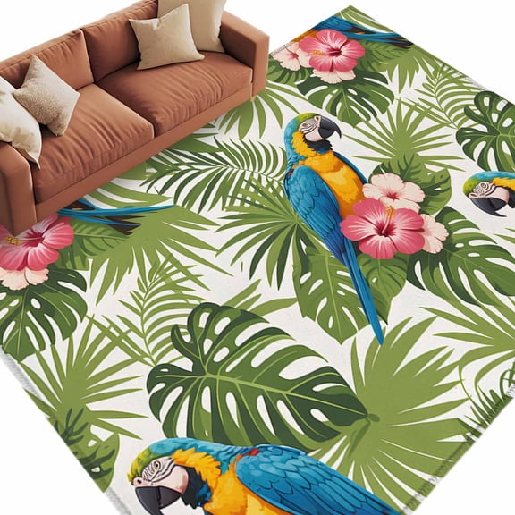 Area Rug 60×96in, Tropical Palm Leaves Parrots Floor Carpet Living Room Rug, Summer Jungle Plant Non-Slip Welcome Mat Indoor Rugs for Bedroom Dining Room