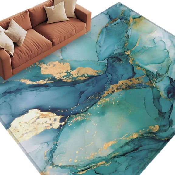 Area Rug 60×96in, Turquoise Marble Gold Stripes Floor Carpet Living Room Rug, Abstract Stone Texture Non-Slip Welcome Mat Indoor Rugs for Bedroom Dining Room