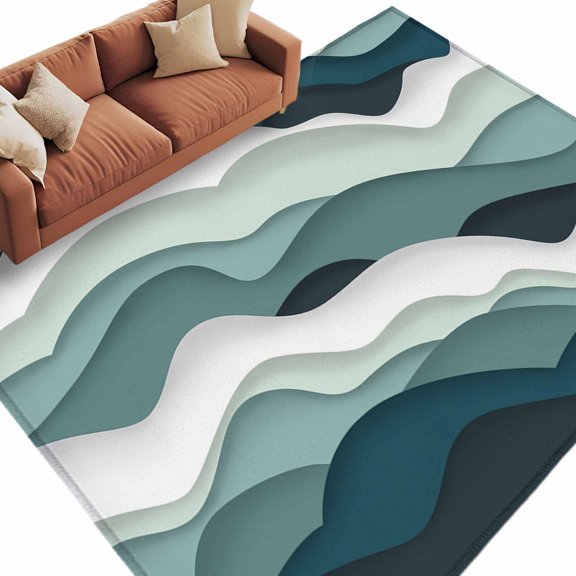 Area Rug 60×96in, Turquoise Teal Ocean Waves Floor Carpet Living Room Rug, Gradient Spray Non-Slip Welcome Mat Indoor Rugs for Bedroom Dining Room